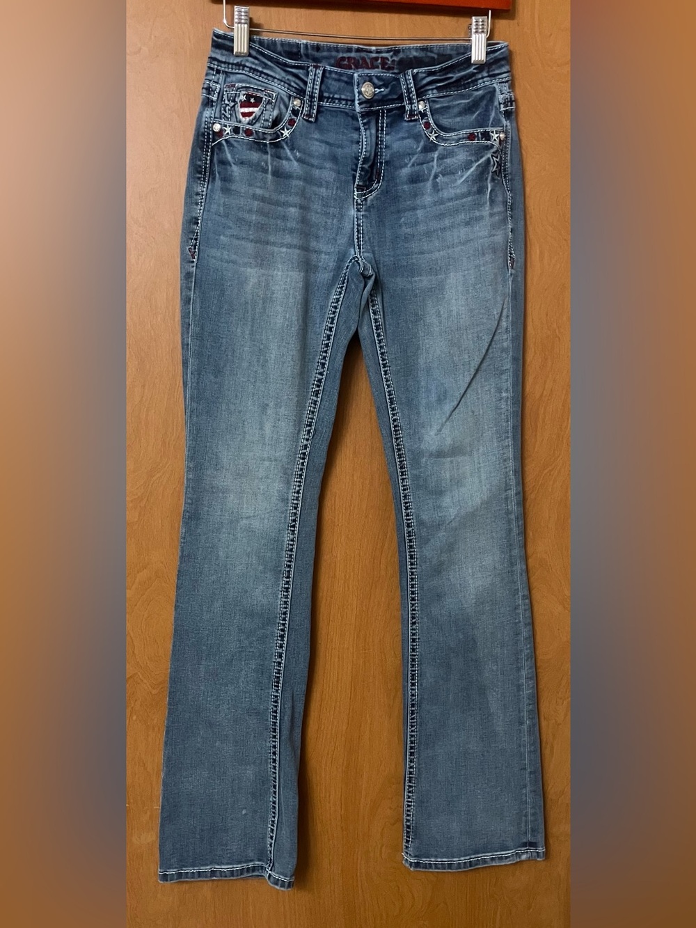 Grace In LA Women's Easy Fit Embroidered American Flag Western Boot Cut Jeans 25